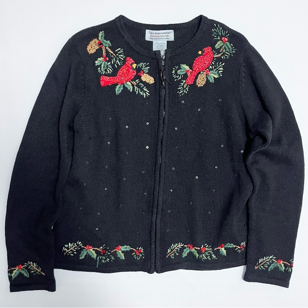 Vintage Tiara International Christmas Zip Front Cardigan  Sweater Cardinals XL